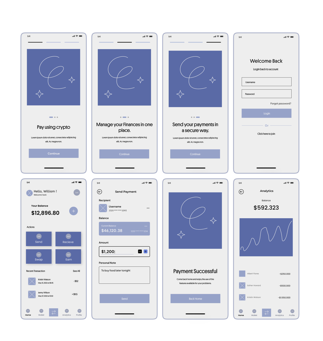 Finance app wireframes